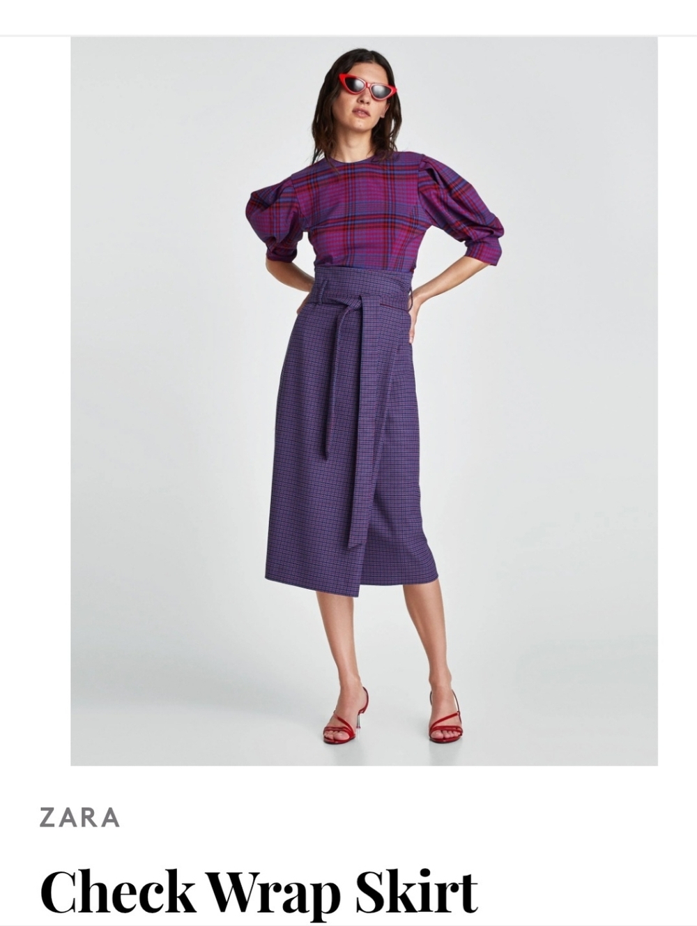 Zara Purple Check Midi Skirt with Tie Waist